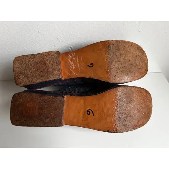 Vintage 60s Platform Mule Heels | Embroidered Denim Peep Toe | Mod Folk | Size 6 - Picture 10 of 10
